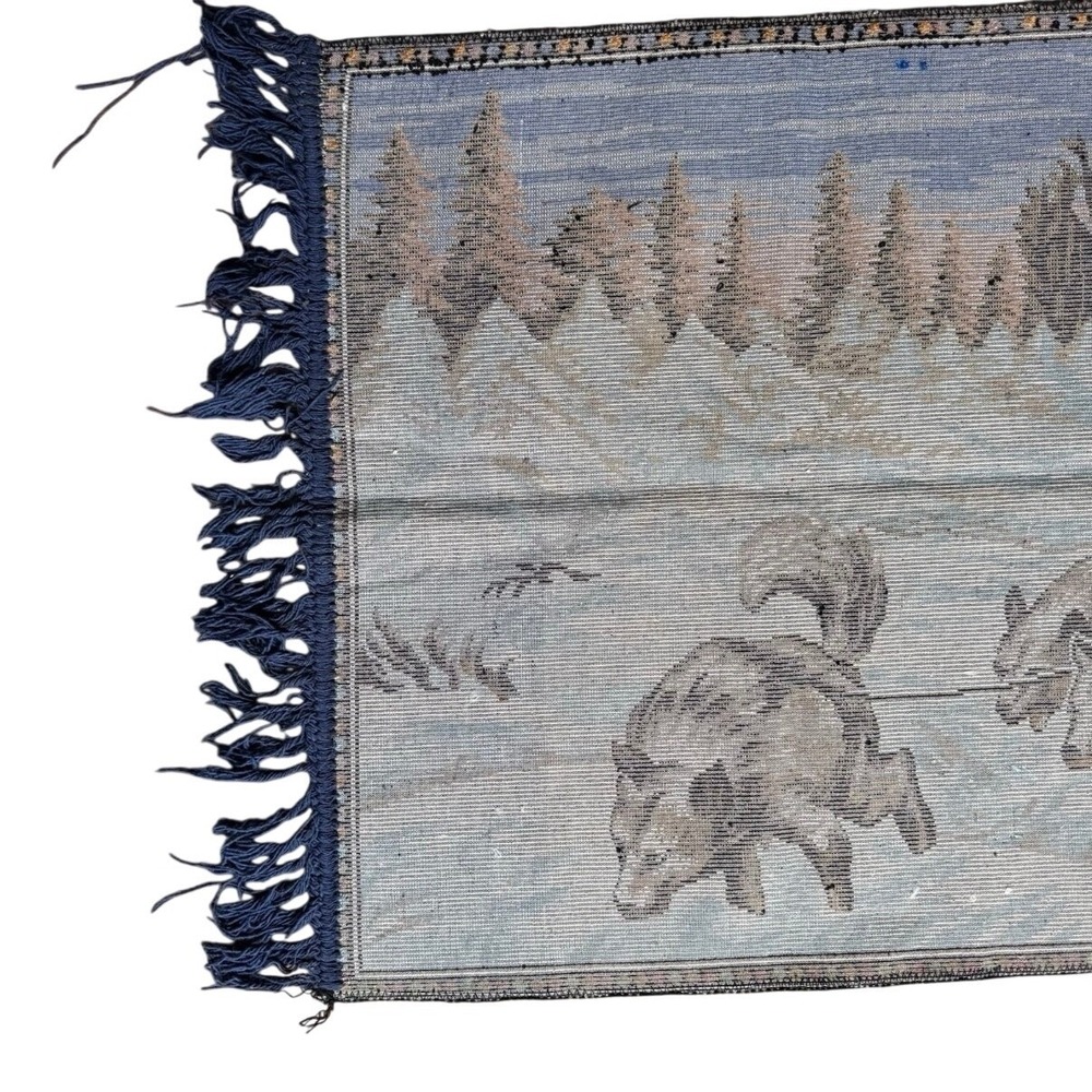 Vintage Mid Century Dogsled Tapestry Rug Husky Winter Scene Wall Hanging Cabin - Picture 5 of 7
